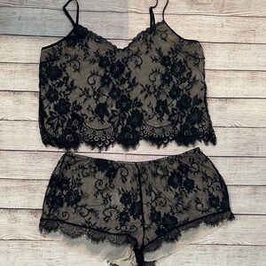 INC Elegant Black Lace Lingerie Lounge Sleepwear Set
